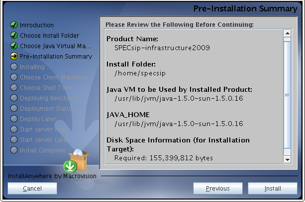 Installer pre-installation summary